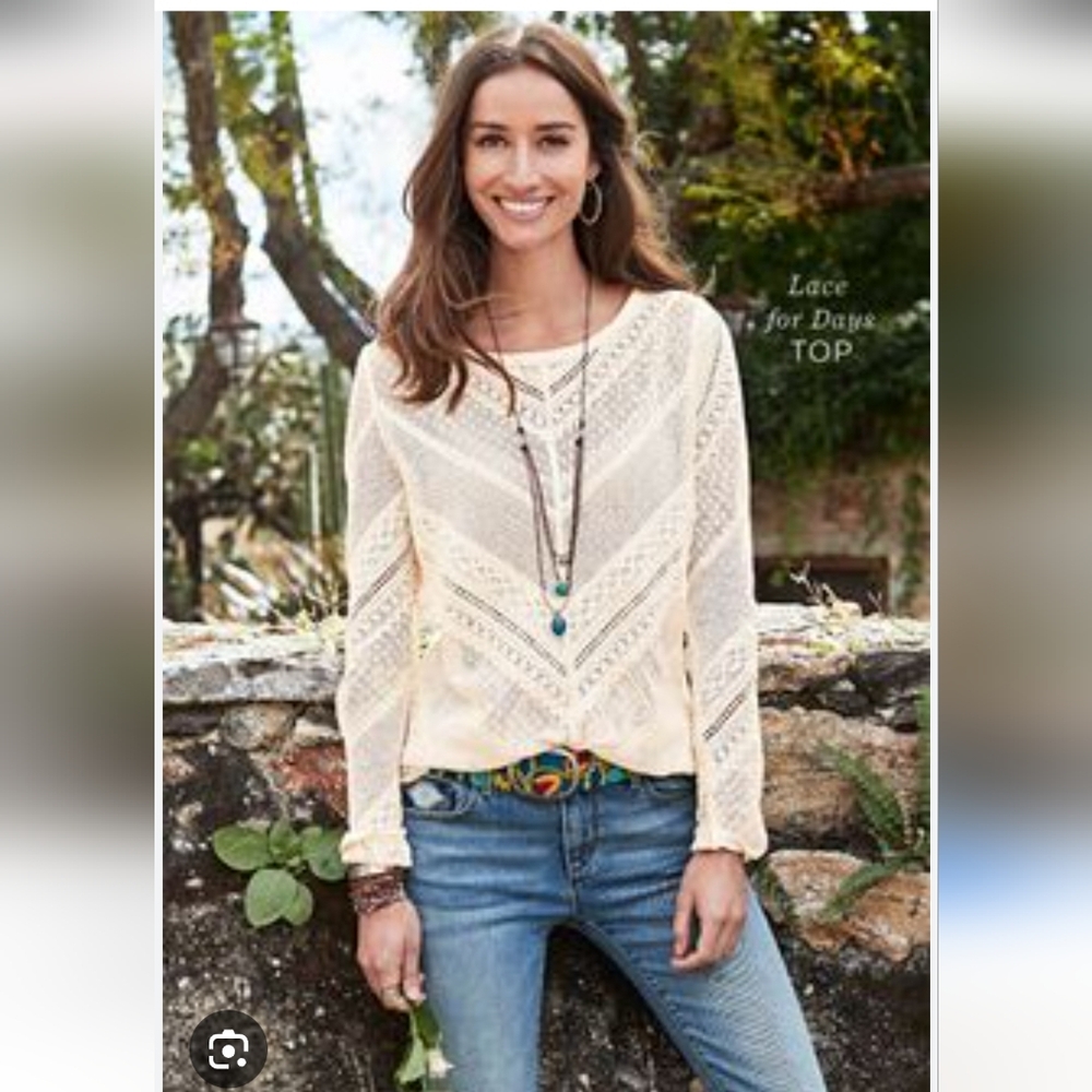 Sundance Ivory Cream Lace Crochet Tunic Sheer Pullover Blouse-Large